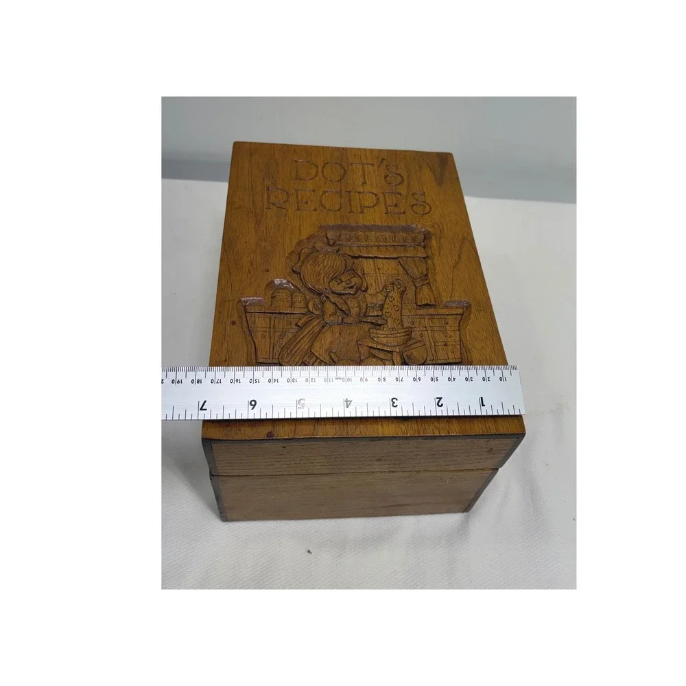 Vintage Hand Carved Wooden Recipe Box Dots Recipes Rustic Kitchen Decor Brown